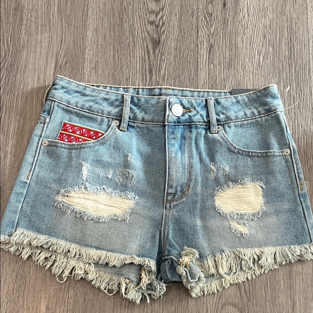 Kendall & Kylie Blue Distressed Jean Shorts with Red Accent